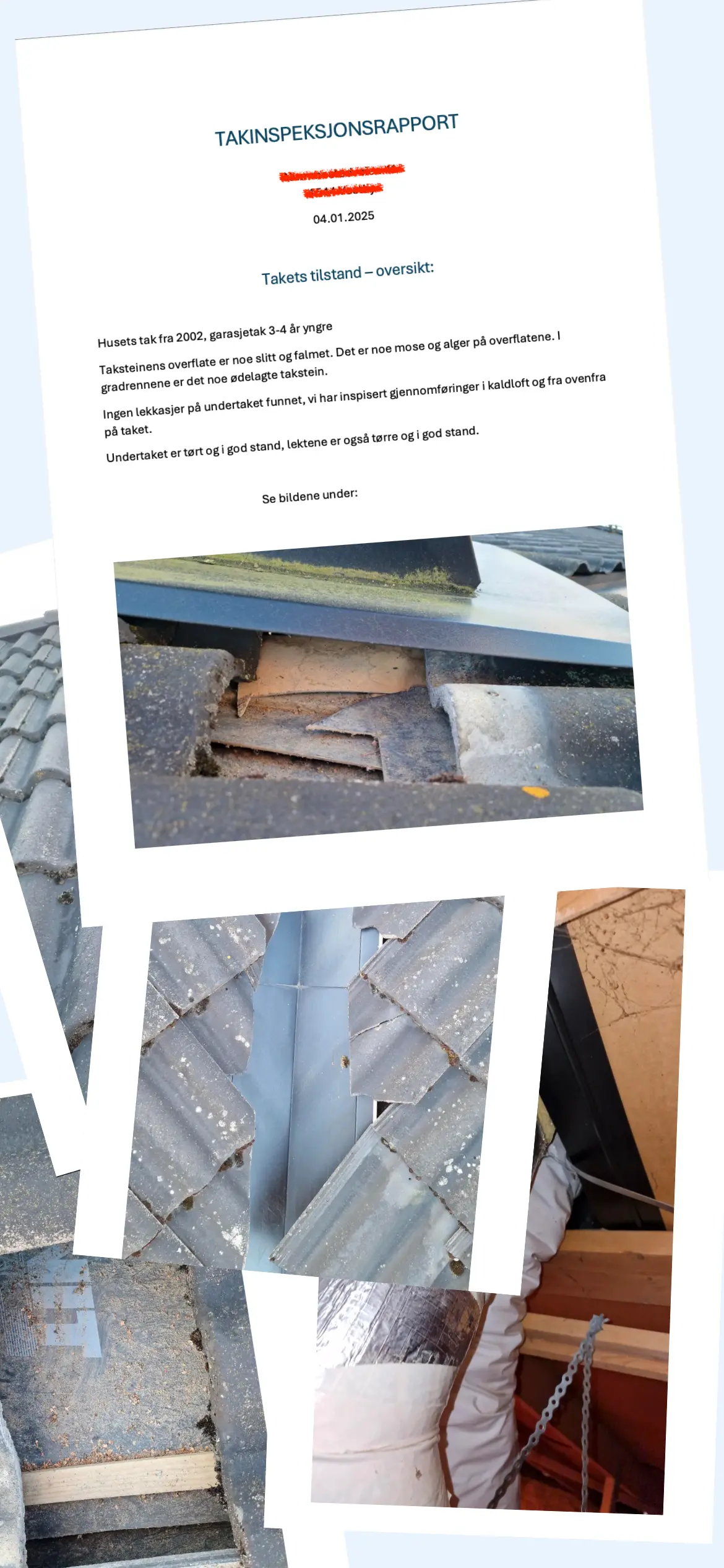 Kollasj av takets tilstandsrapport mobil – viser funn som mosevekst, skadet takstein i gradrennene og bilder fra kaldloft og gjennomføring
